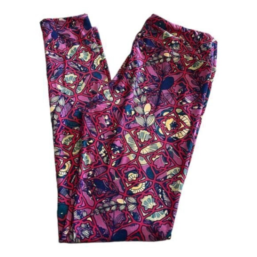 Women's Lularoe Pink Red Yoga Waist Buttery Floral Leggings Size O/S EUC #1791